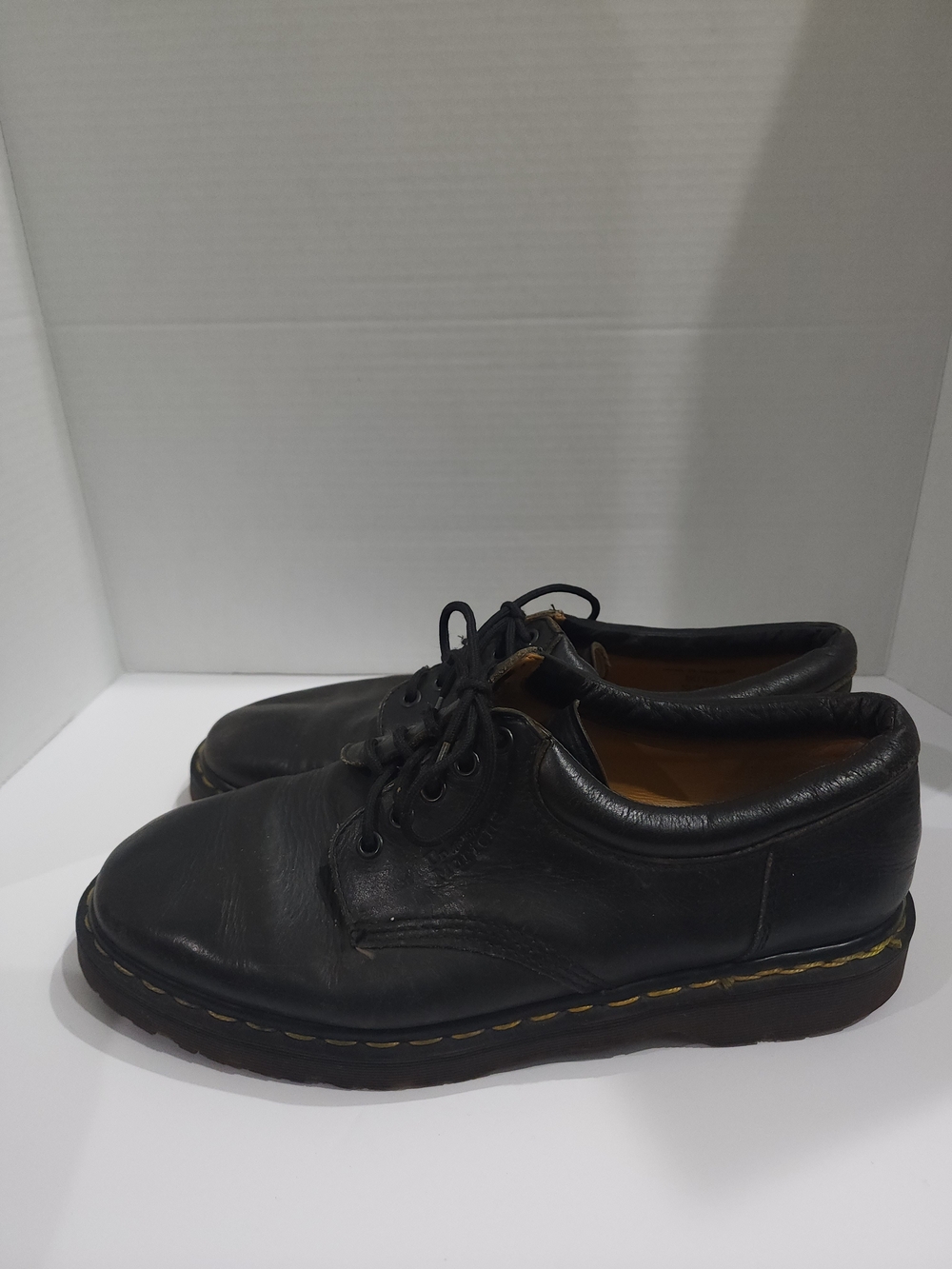 Dr. Martens Black Leather Lace-Up Derby Shoes with Yellow Stitching